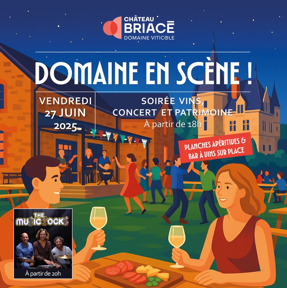 Soirée Domaine en Scène ! 📅 Vendredi 27 juin à partir de 18h Venez vivre une soirée festive et conviviale à la Cave de dégustation ! Au programme : 🍷 Dégustation des vins et de la bière artisanale de Briacé 🍴 Planches apéros gourmandes à savourer entre amis 🎶 Concert live avec le groupe The Musick Socks (Rock, Folk, Blues) à partir de 20h De 18h à 22h, profitez d’un moment chaleureux et musical sous le signe du partage et de la découverte. ✨ Présentation des travaux de rénovation du Château : découvrez les projets qui sublimeront bientôt notre domaine. ℹ️ Pensez à réserver votre table à l’avance pour profiter pleinement de la soirée ! On vous attend nombreux pour célébrer les saveurs, les talents et les belles transformations du domaine !
